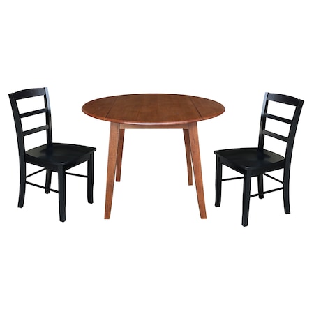 International Concepts 42 in. Solid Wood Round Dual Drop Leaf Dining Table with 2 Chairs in Distressed Oak/Black K42-42DL-C46-2-2